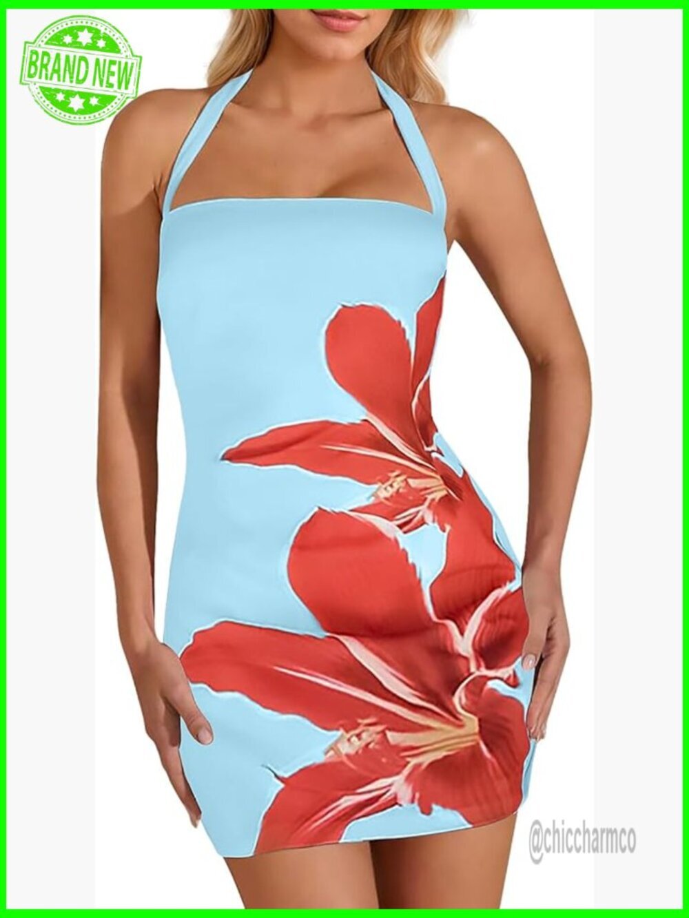 Halter Mini Dress Bodycon Floral Print Backless Tie Back Summer Party Going Out